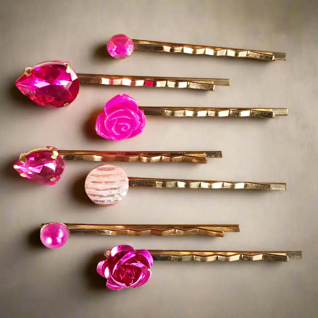 Pink rhinestone hair pins set of 7 on gold bobby pins