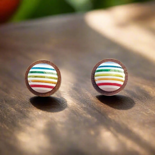 Round rainbow striped wood stud earrings displayed on a dark wood surface