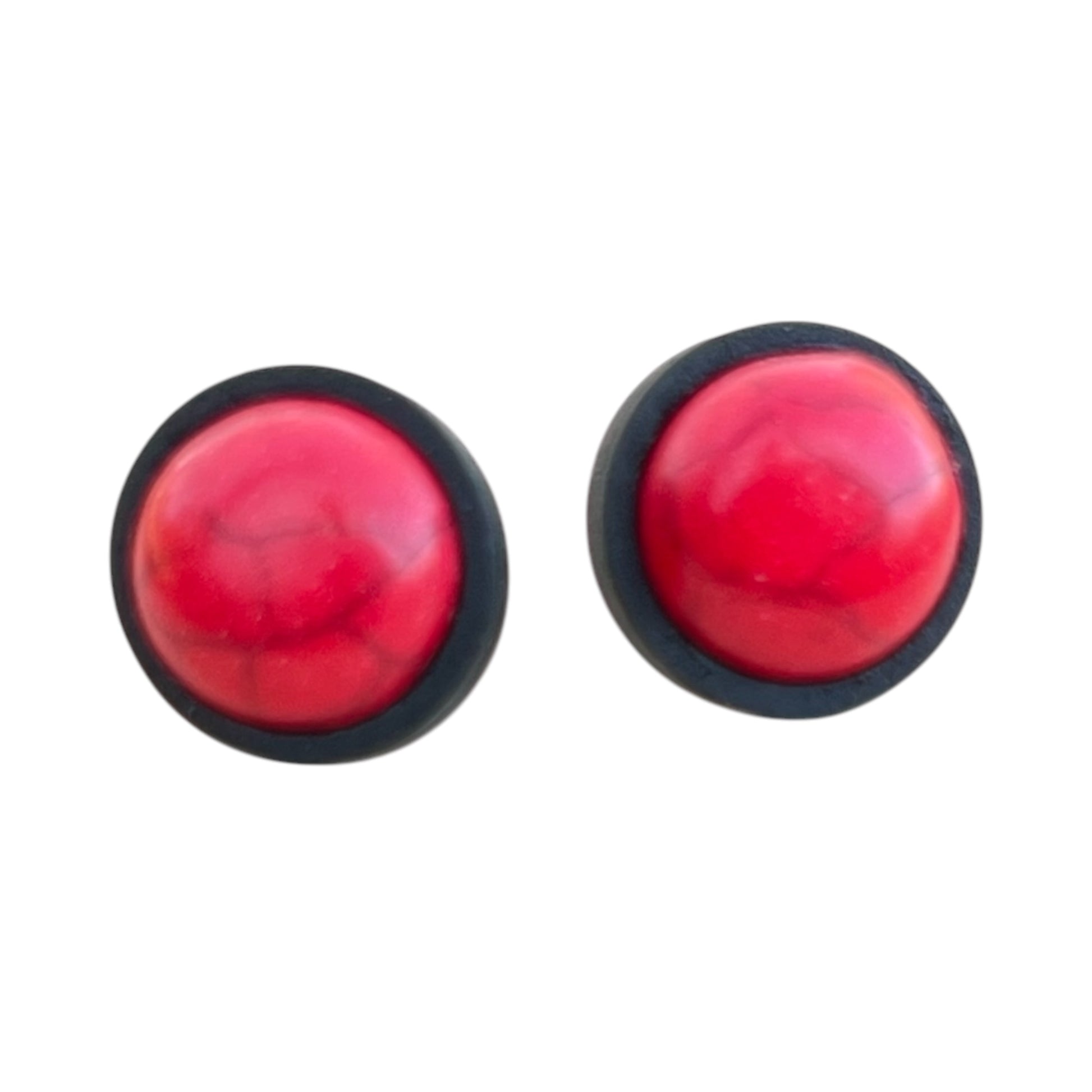 Red statement stud earrings set in 12mm black wood bezels