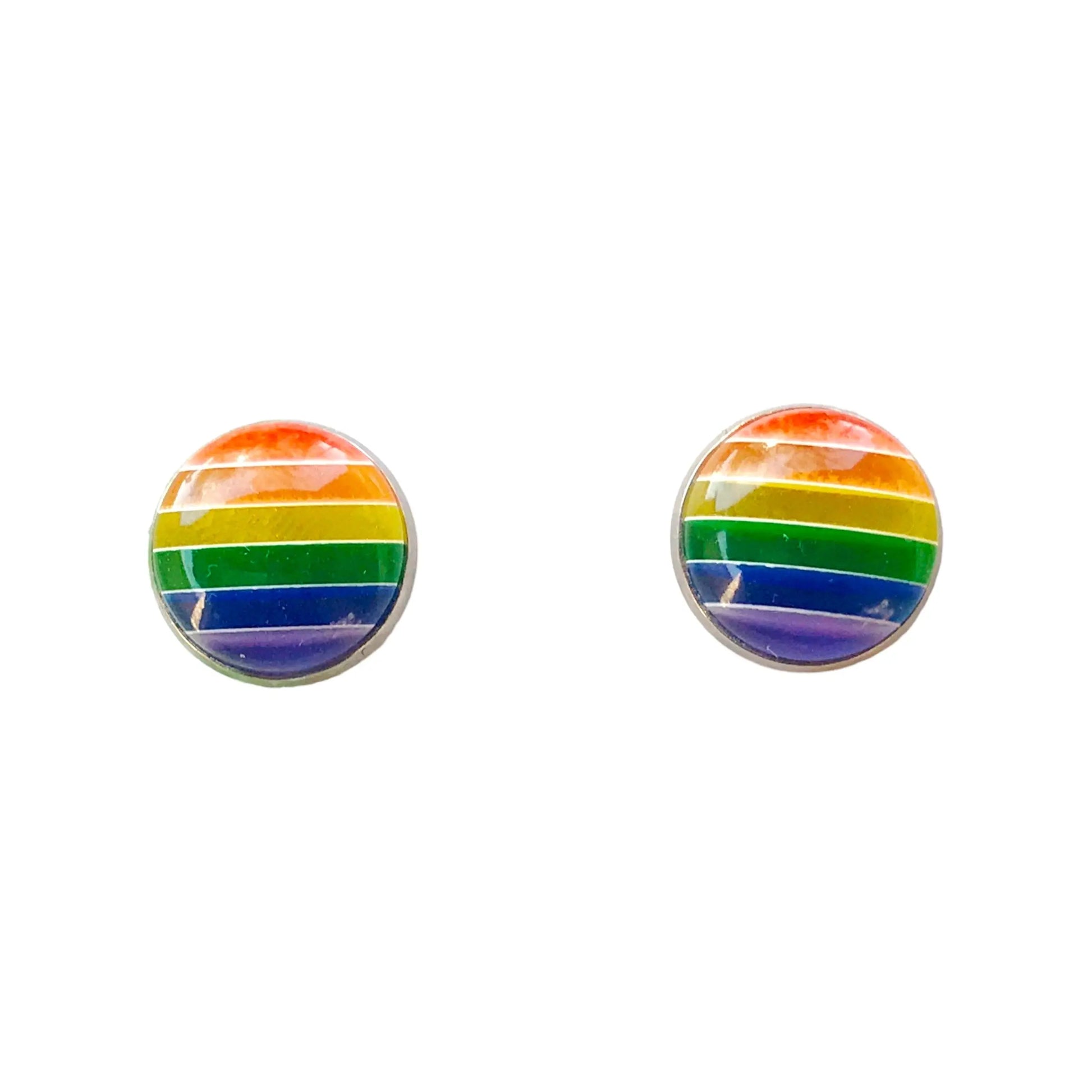 Pair of rainbow striped earrings on a white background