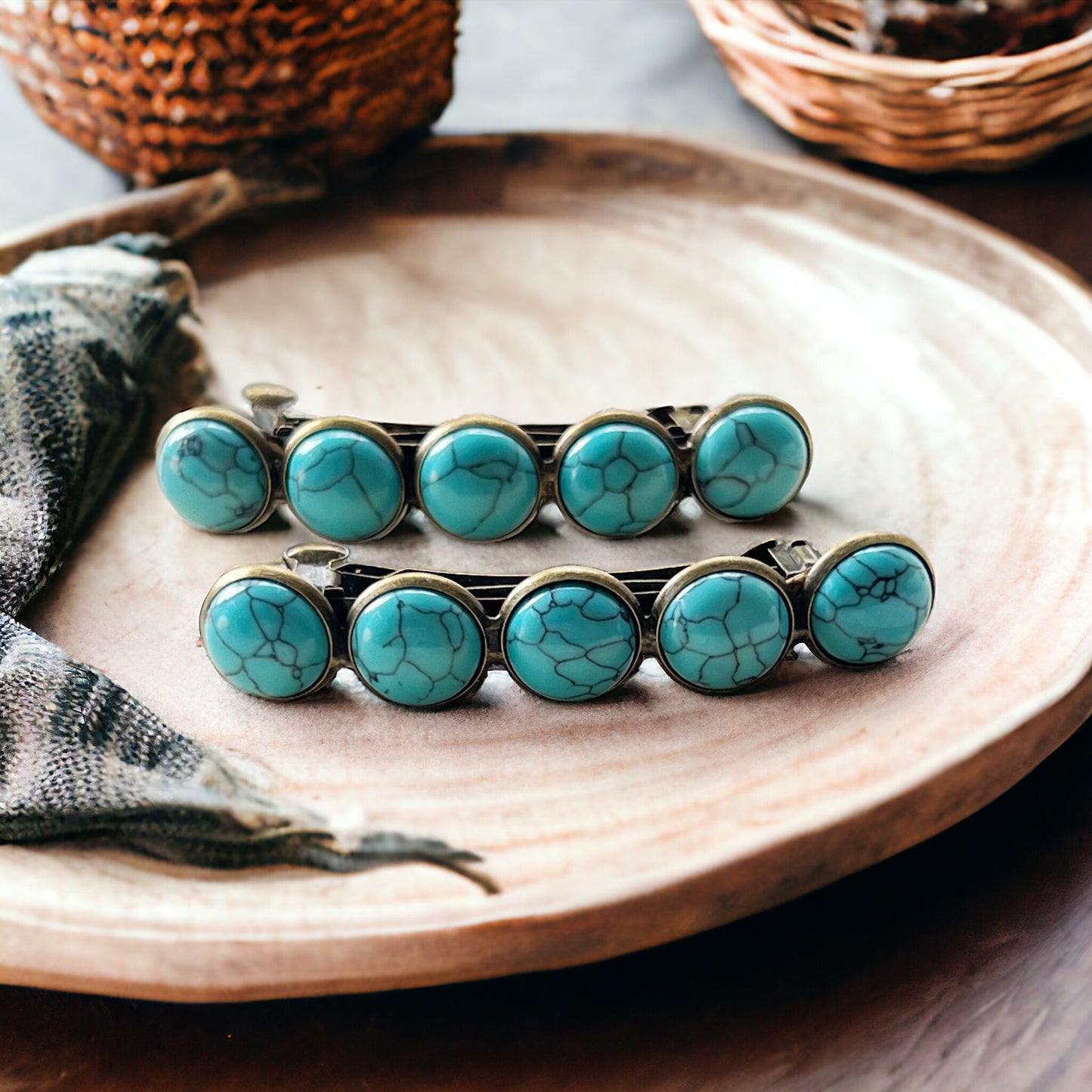 Turquoise Hair Barrettes - on wood display 