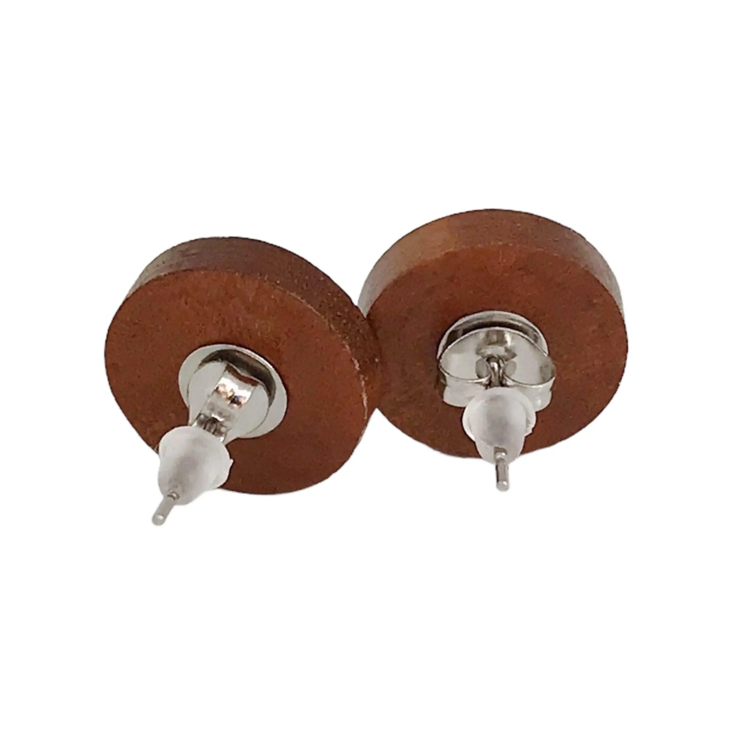 Back of round slate gray druzy wood stud earrings on a white background 