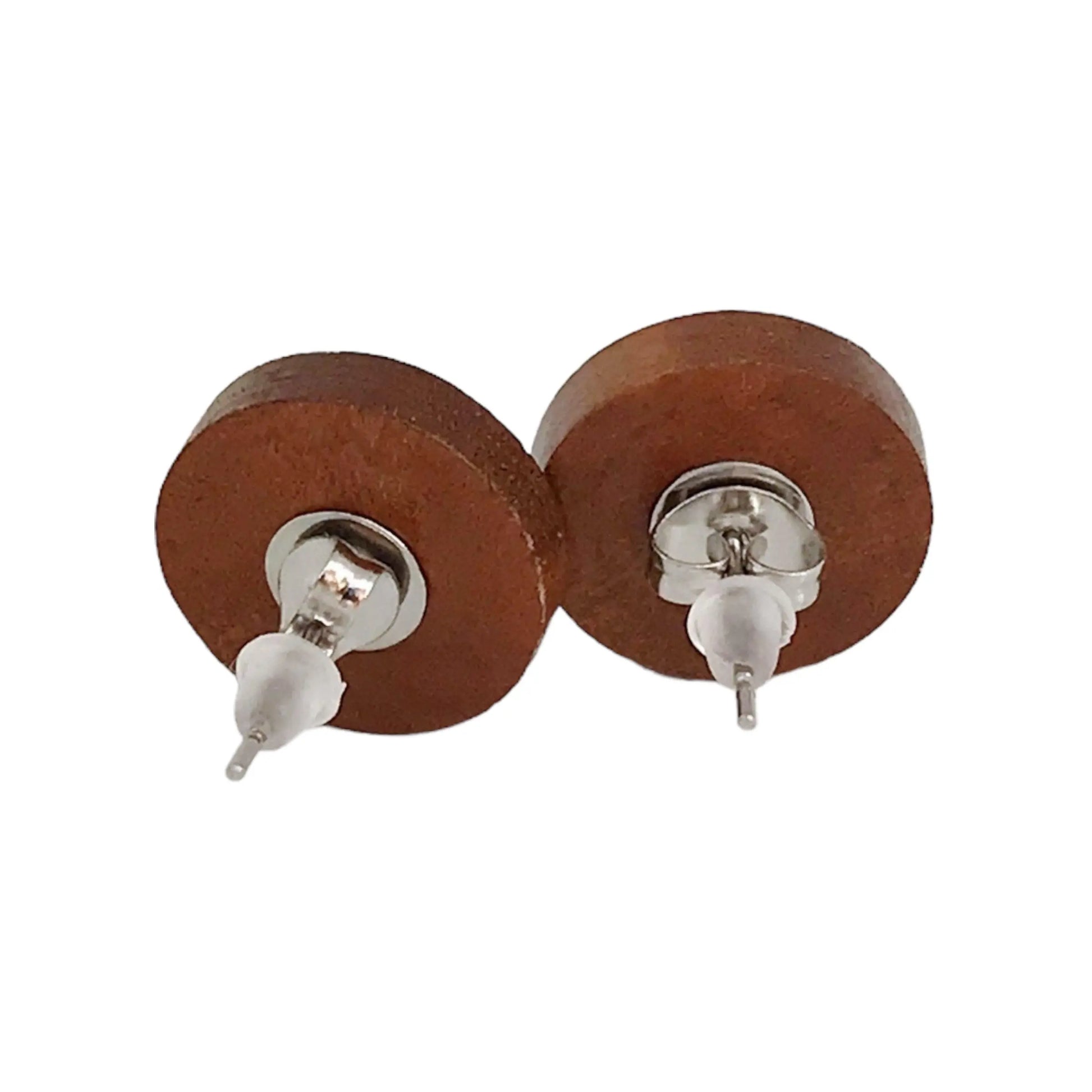 Back of round slate gray druzy wood stud earrings on a white background 