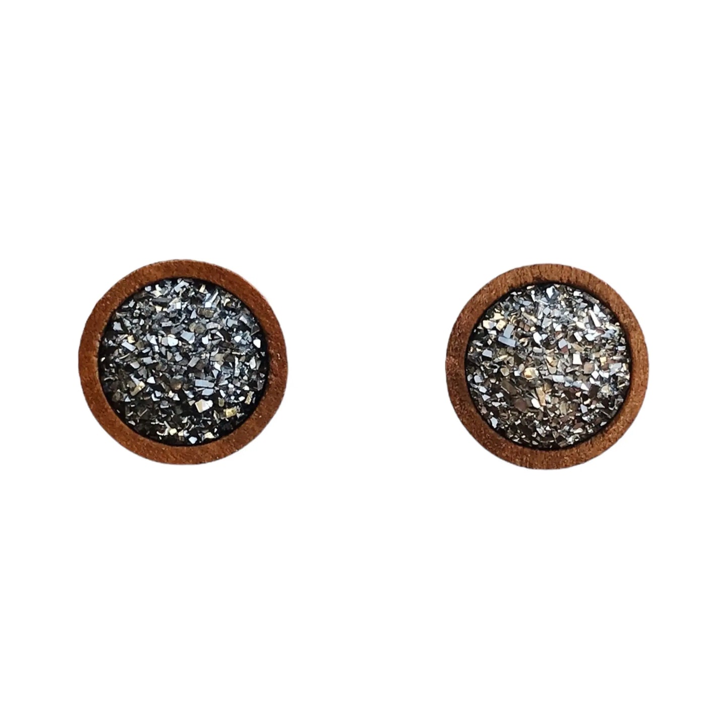 Round slate gray druzy wood stud earrings displayed on a white background 