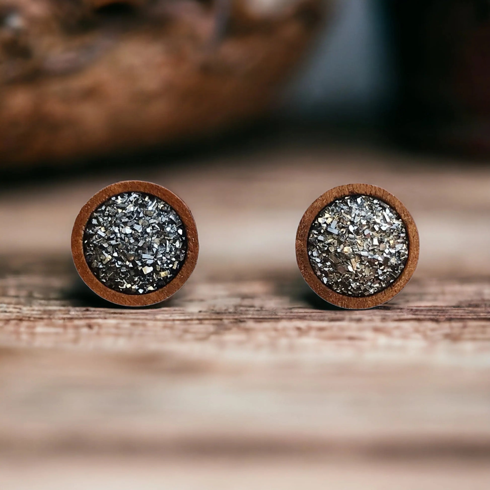 Slate Gray Druzy Wood Stud Earrings - Elegant & Natural Accessories