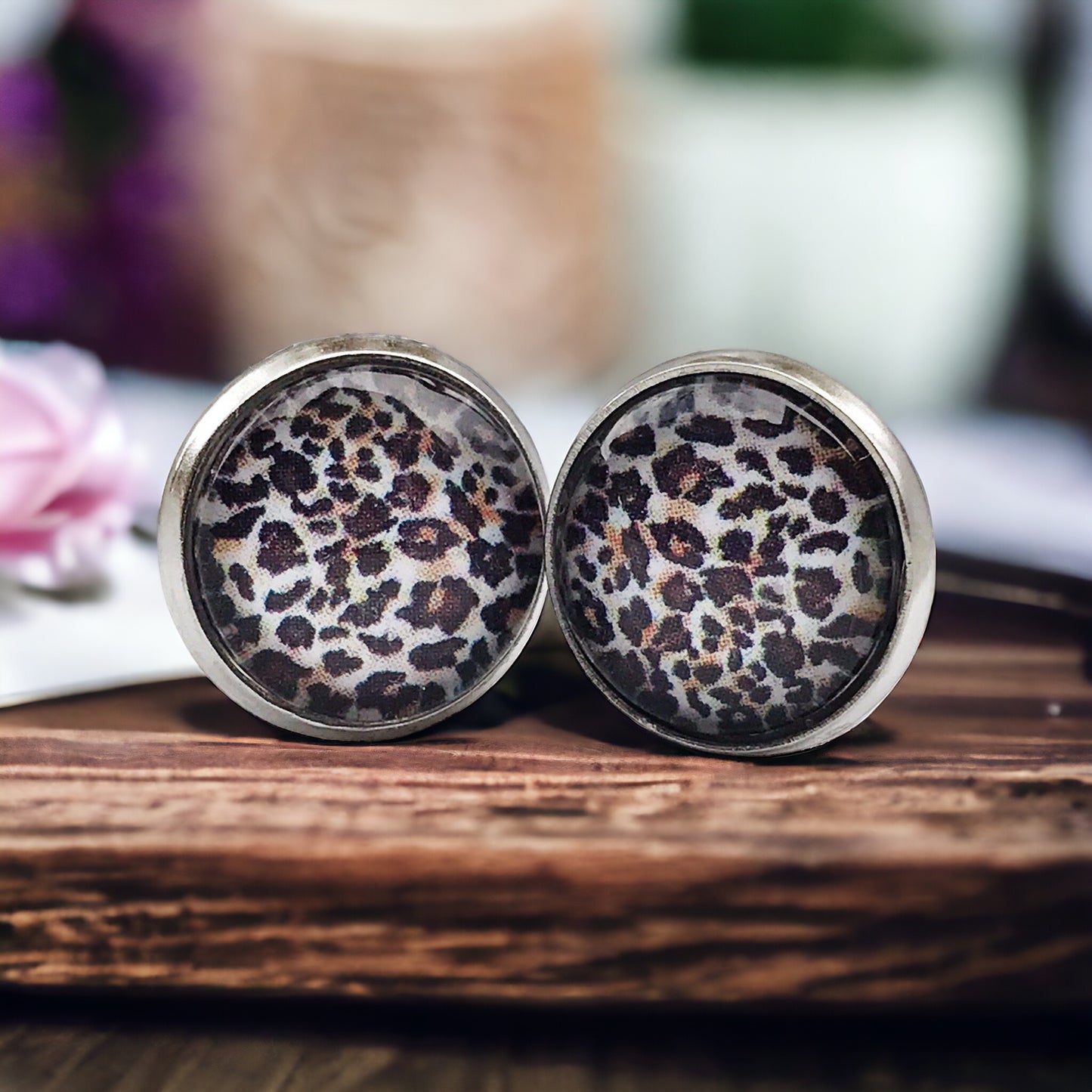 Statement stud earrings in cheetah design with handmade detail