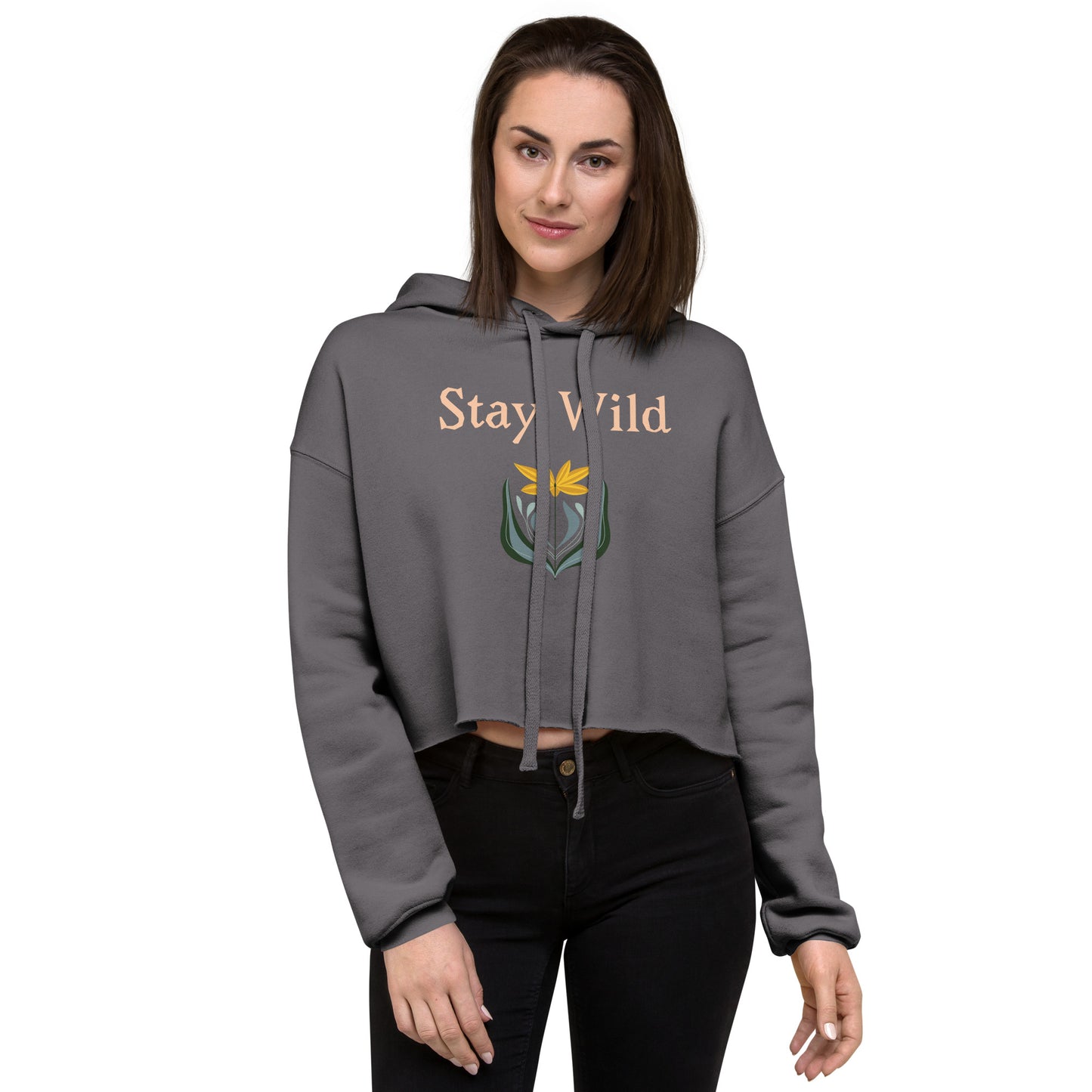 Storm gray hoodie with Stay Wild floral quote – front view on model