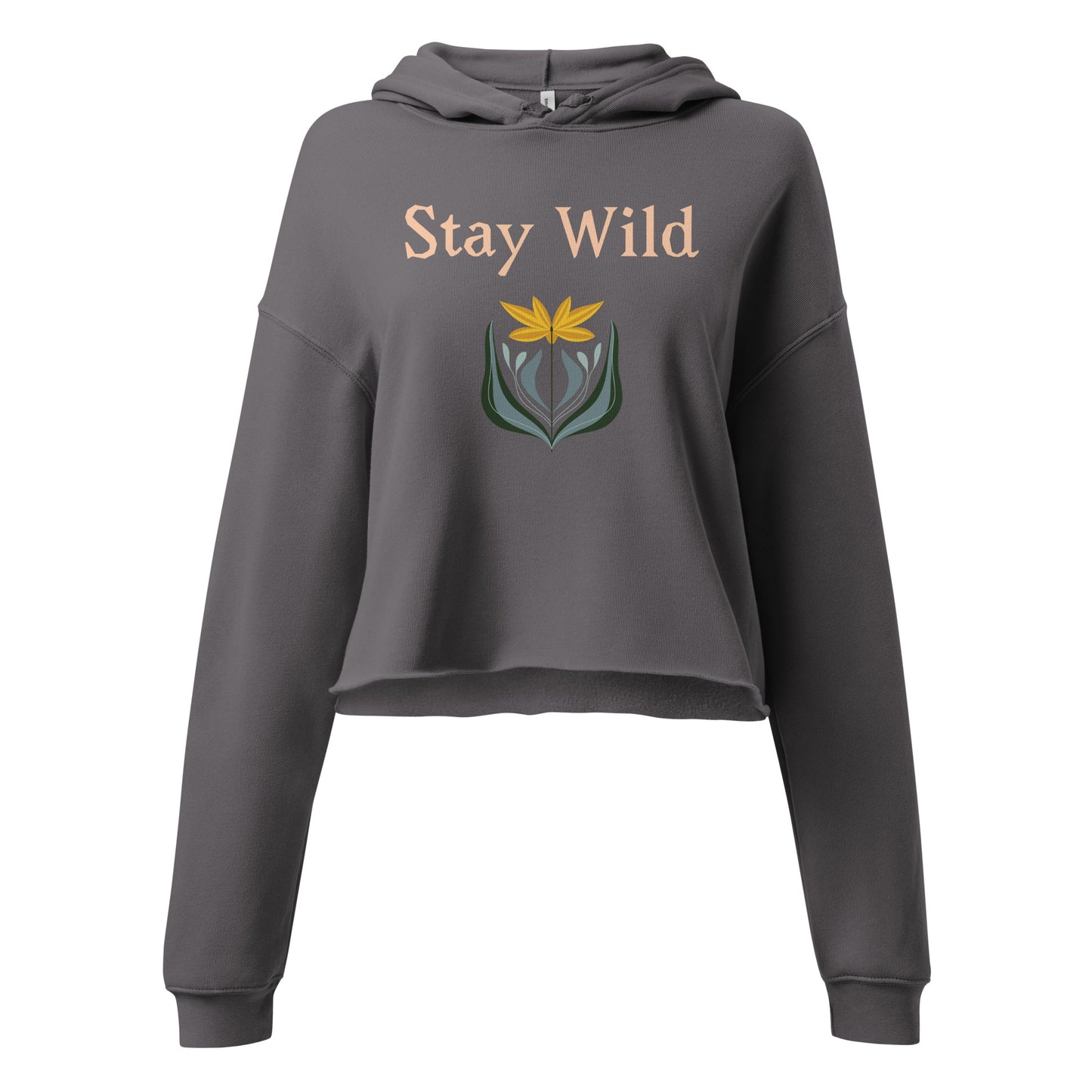 Graphic detail of Stay Wild floral quote on storm gray hoodie