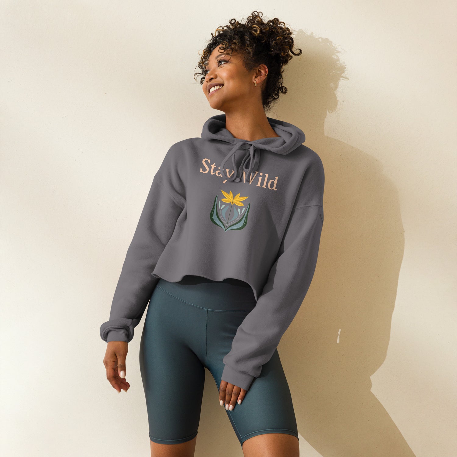 Side angle of storm gray hoodie with quote and floral graphic