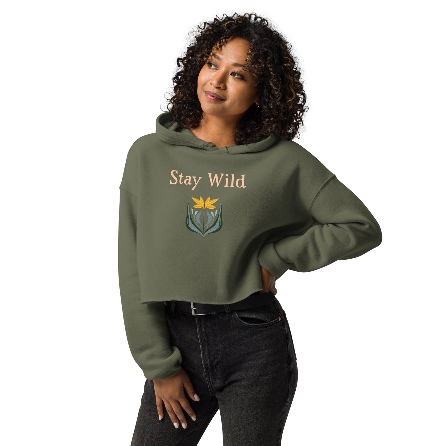 Military green Stay Wild hoodie with floral quote – front view on model