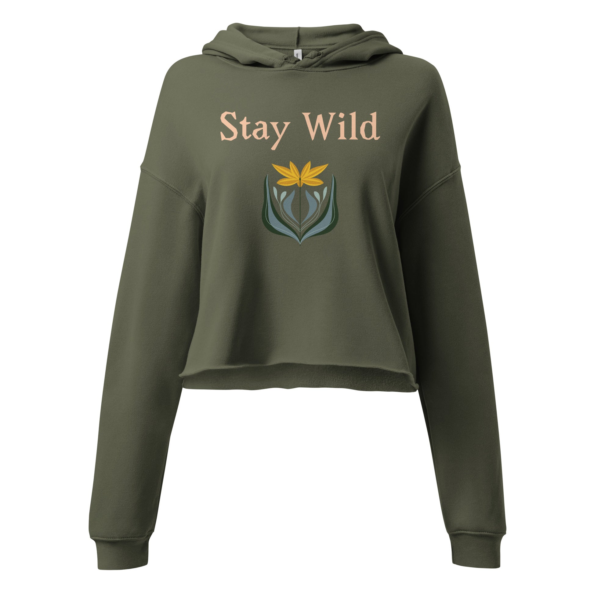 Close-up of Stay Wild floral design on military green hoodie