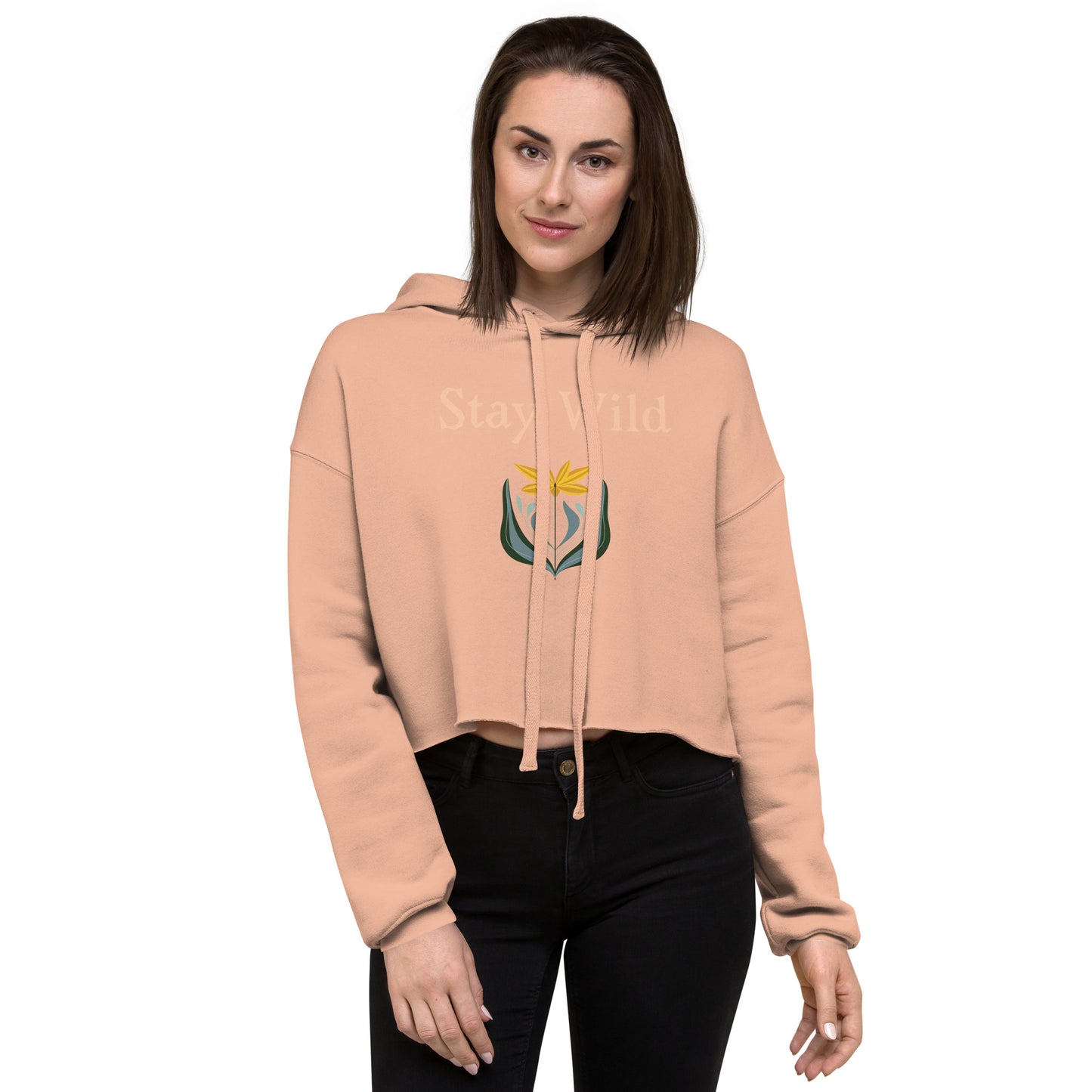 Peach Stay Wild hoodie on model – front view with floral quote design