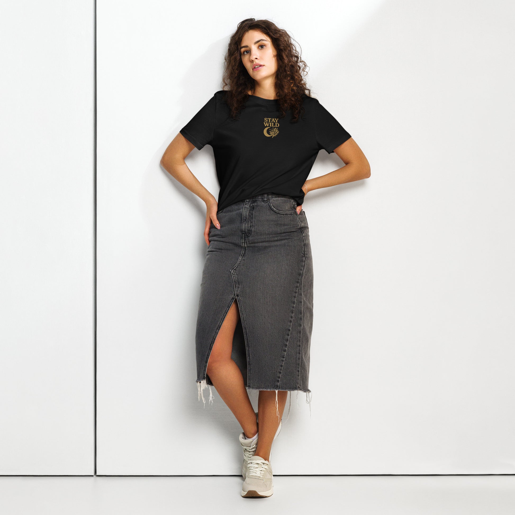 Black organic cotton t-shirt with embroidered Stay Wild moon and floral design – front view