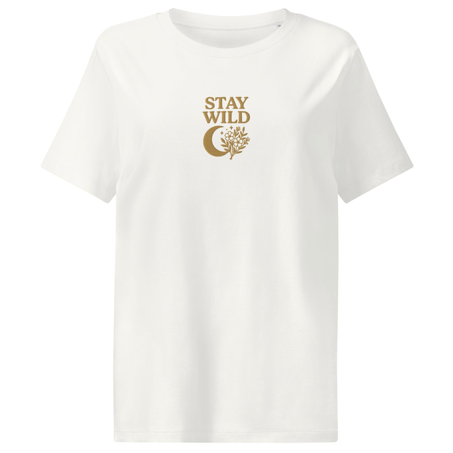 Close-up of embroidered moon, flowers, and Stay Wild quote on off white organic cotton tee