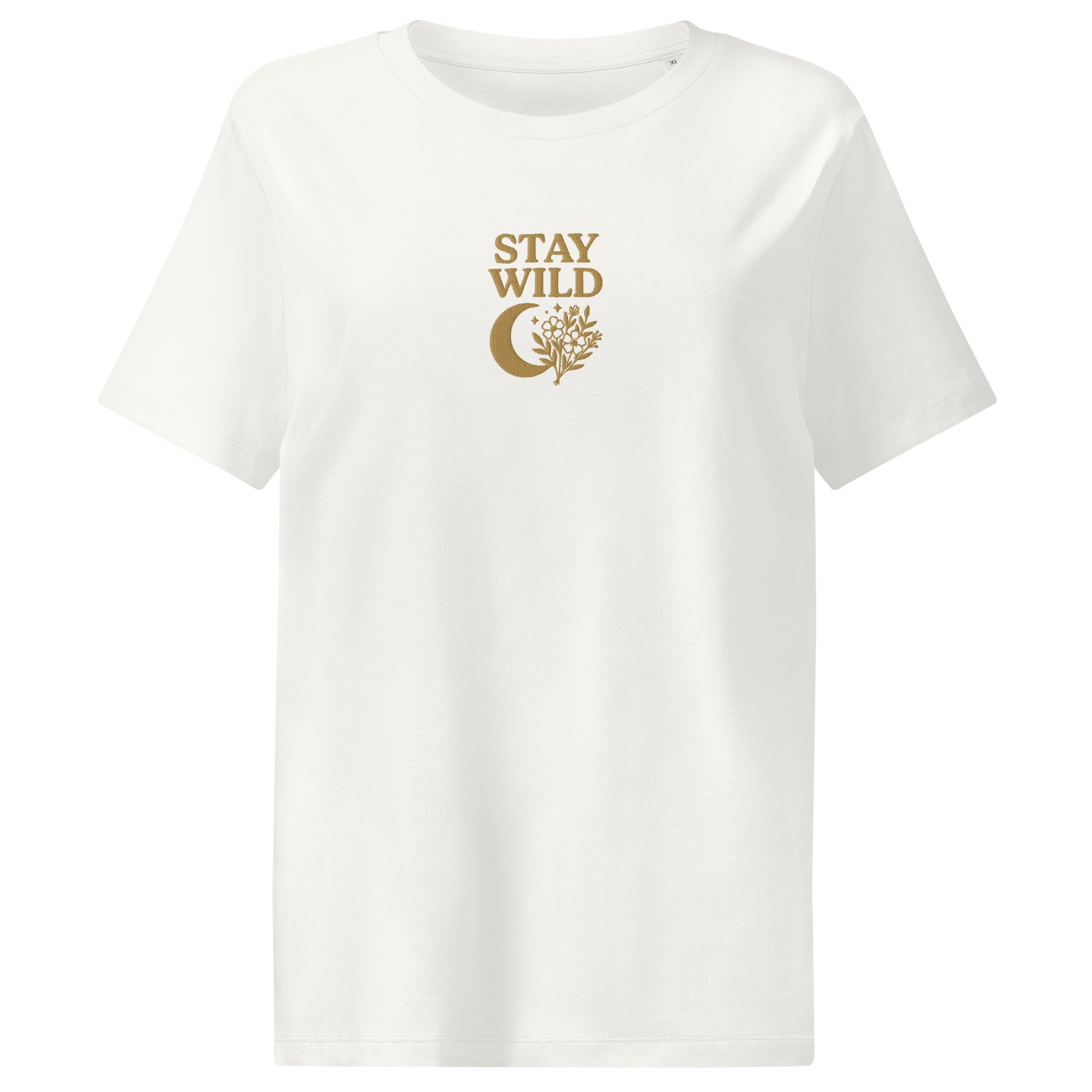Close-up of embroidered moon, flowers, and Stay Wild quote on off white organic cotton tee