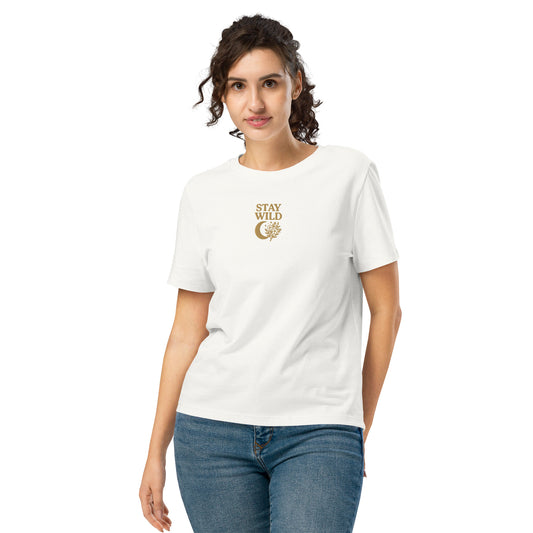 Side view of off white Stay Wild tee with embroidered boho moon and quote