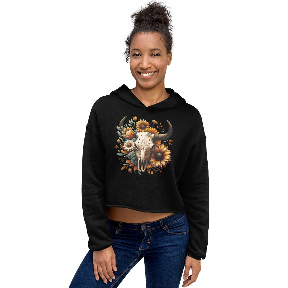 Black hoodie with sunflower cowgirl skull design – front view on model