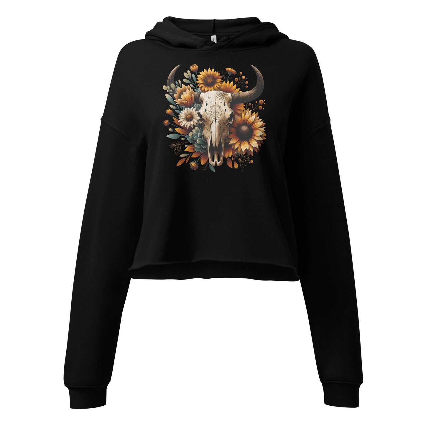 Detailed view of bull skull, daisies, and succulents on black hoodie