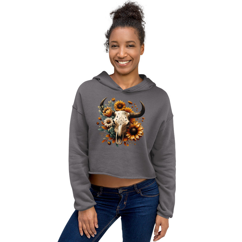 Storm gray western hoodie with floral skull and sunflower artwork – front view