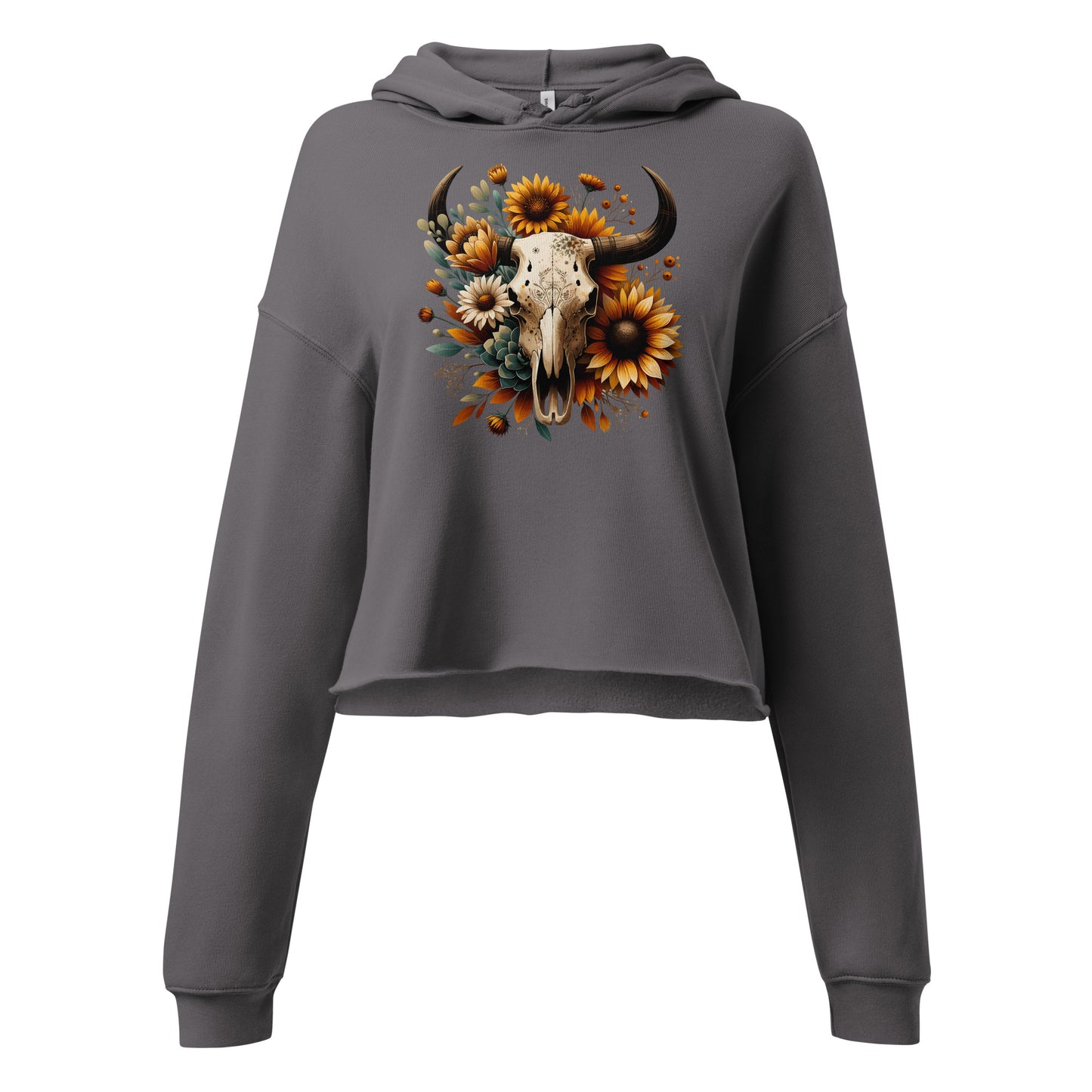 Close-up of bull skull with sunflowers and succulents on storm gray hoodie