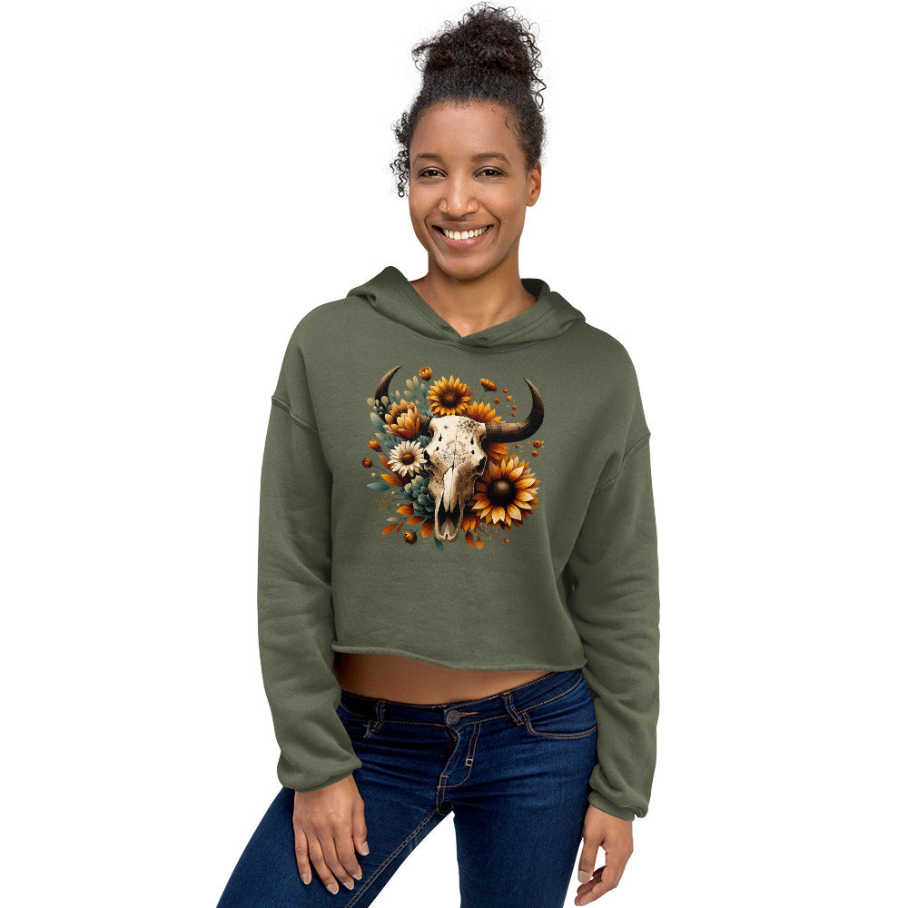 Military green hoodie with bull skull and sunflower floral print – front view