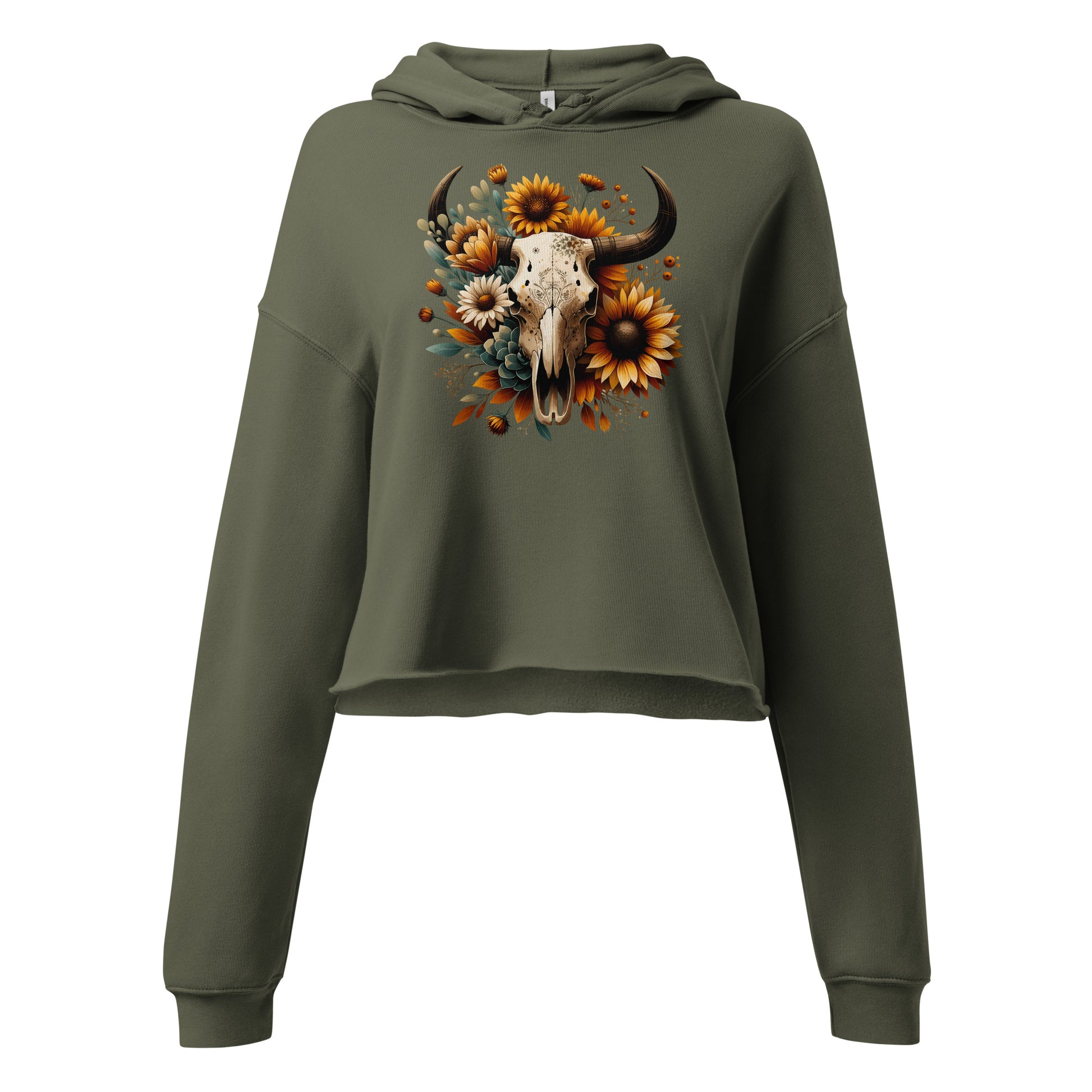 Graphic detail of rustic bull skull with sunflowers and foliage on military green hoodie