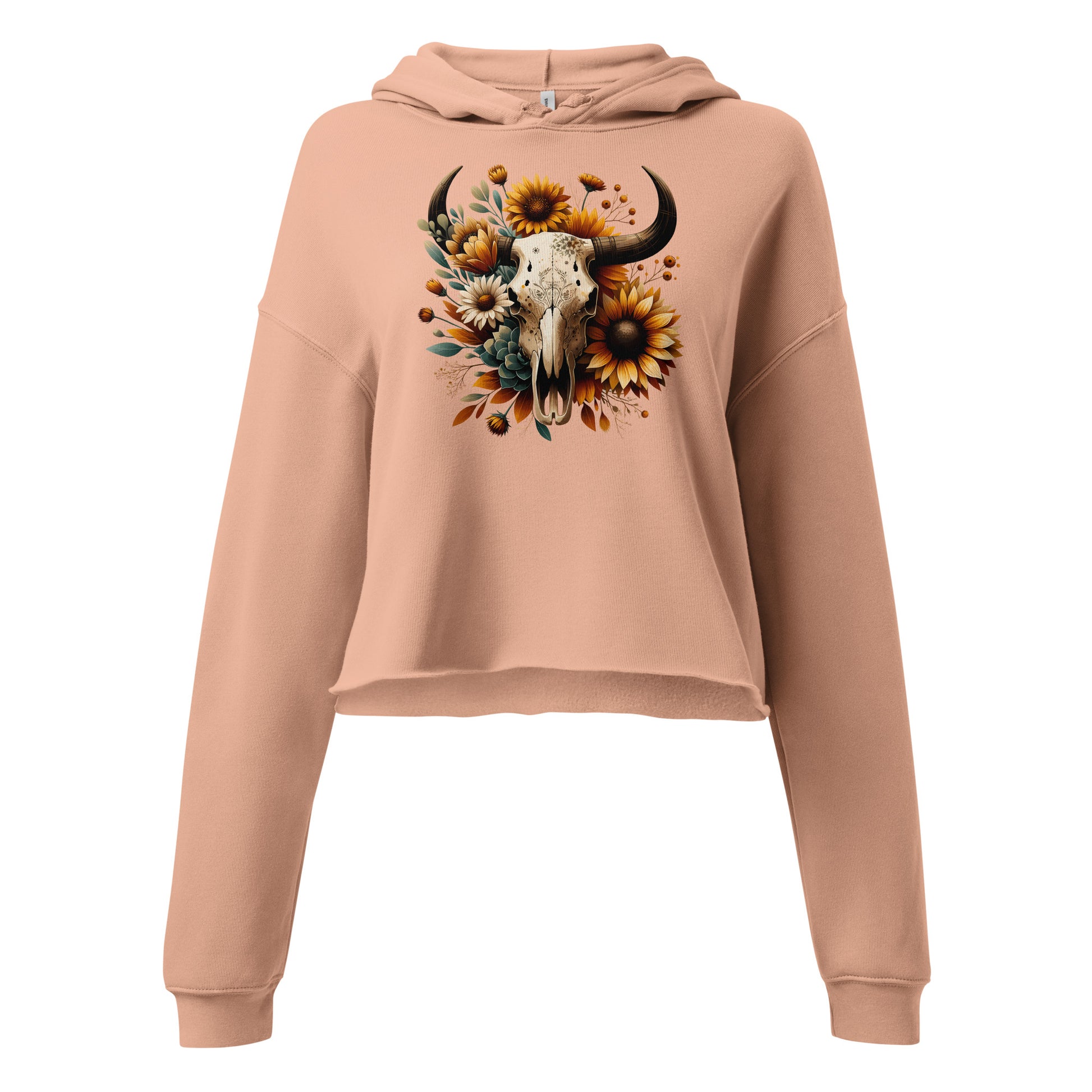 Close-up of sunflower cowgirl skull design with earthy foliage on peach hoodie