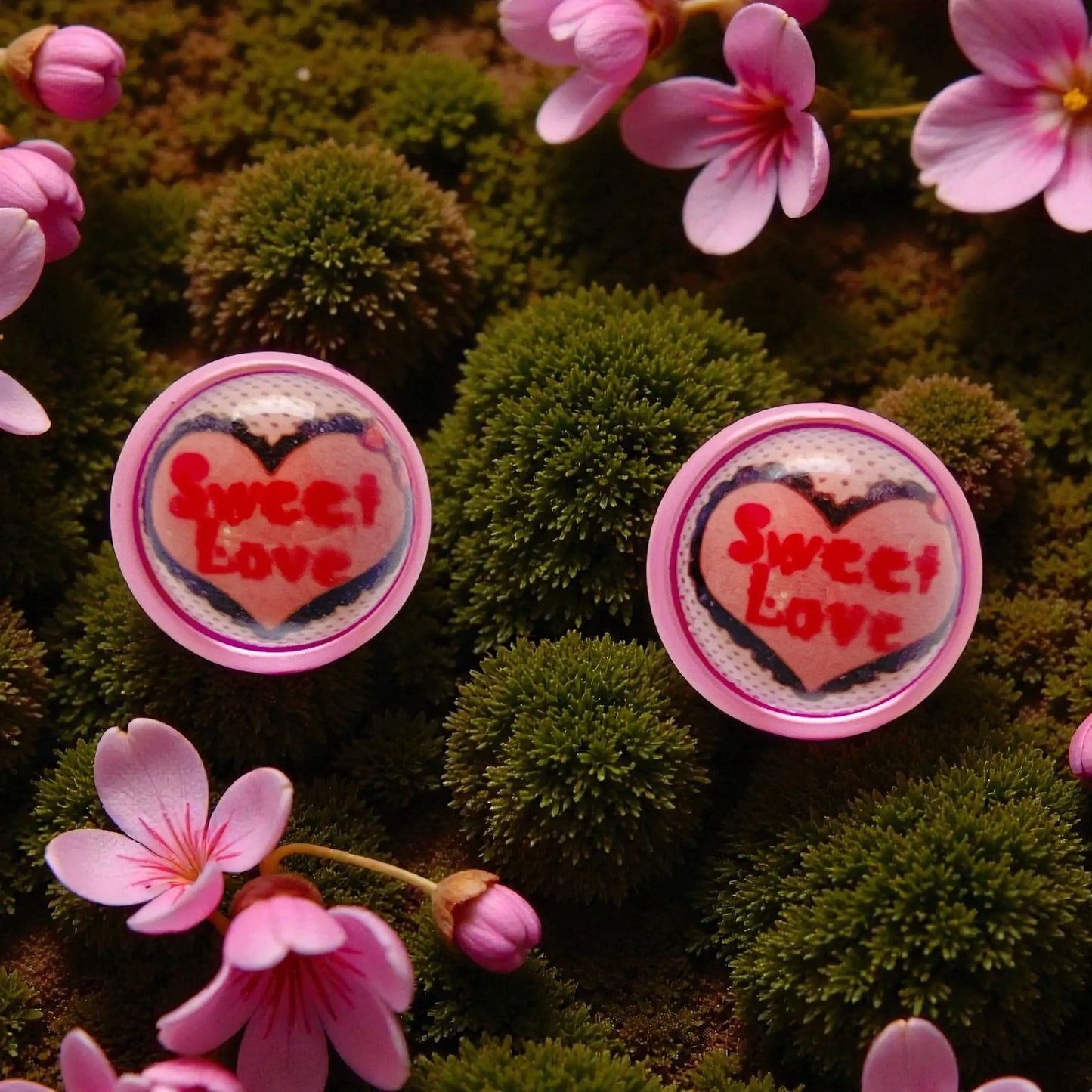 Two 'Sweet Love' heart-shaped earrings on a background of pink flowers and green moss.