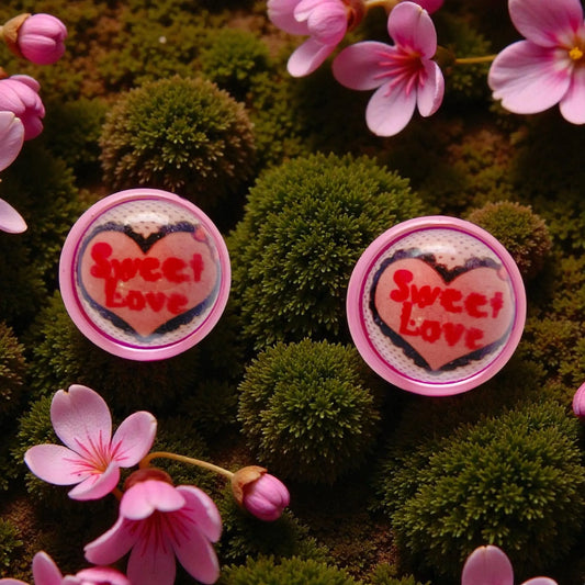 Two 'Sweet Love' heart-shaped earrings on a background of pink flowers and green moss.