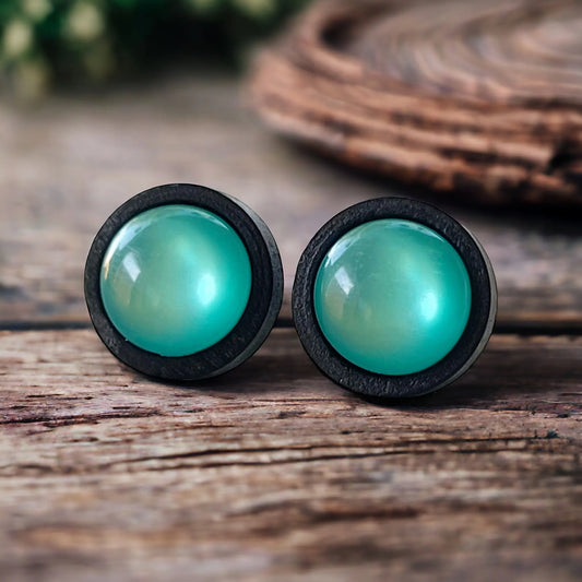 Round black wood stud earrings with glossy teal resin centers front view