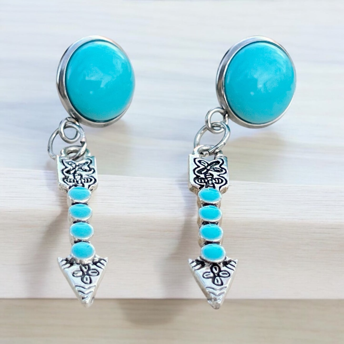 Turquoise Arrow Earrings – Handmade Boho Western Dangles -side view 