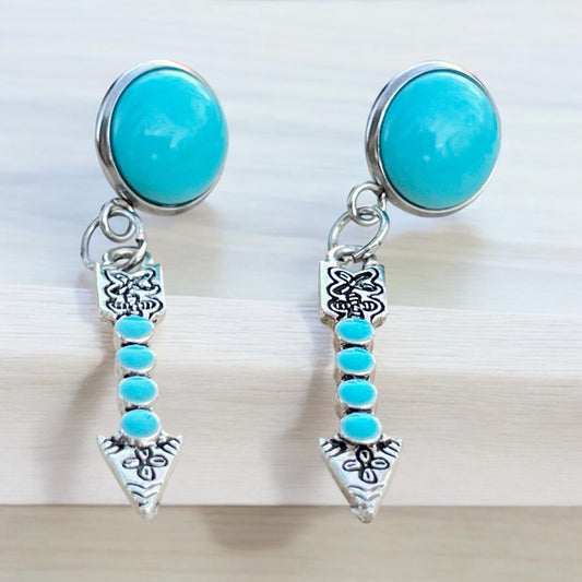 Turquoise Arrow Earrings – Handmade Boho Western Dangles -side view 