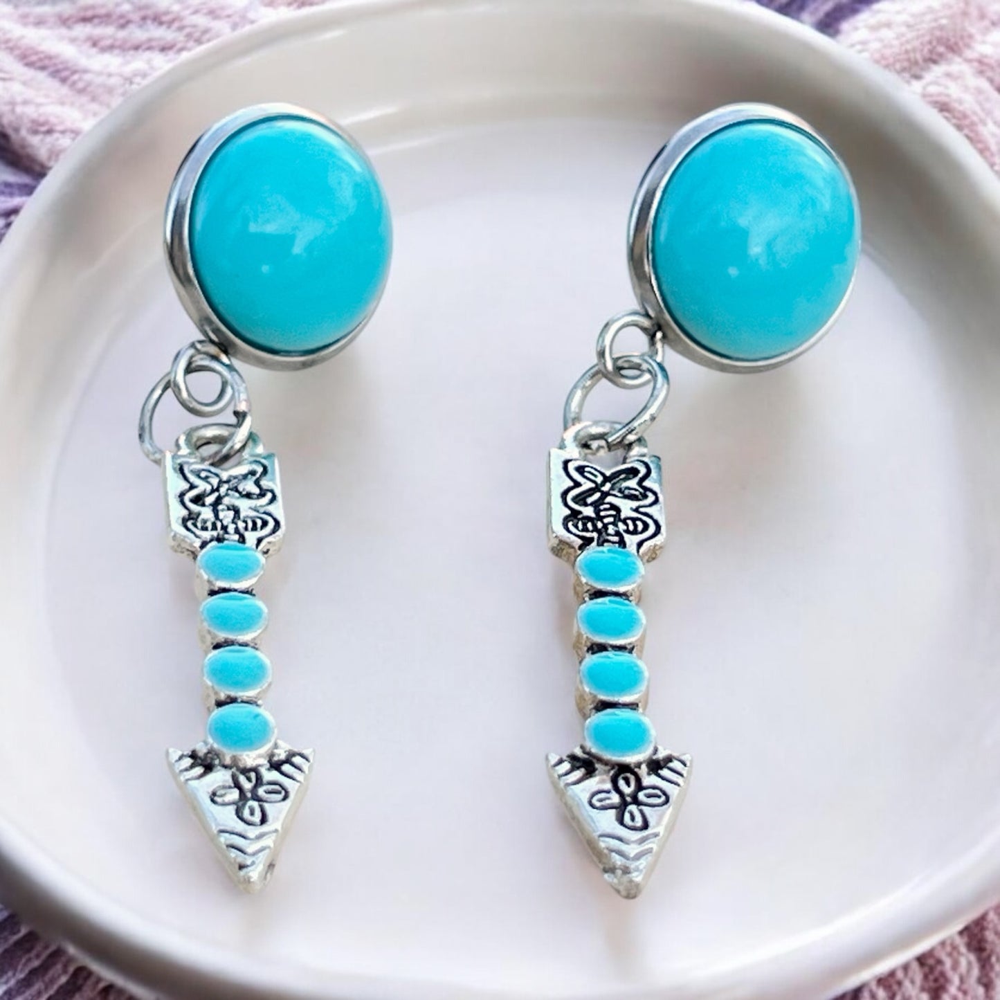 Turquoise Arrow Earrings – Handmade Boho Western Dangles- close-up view