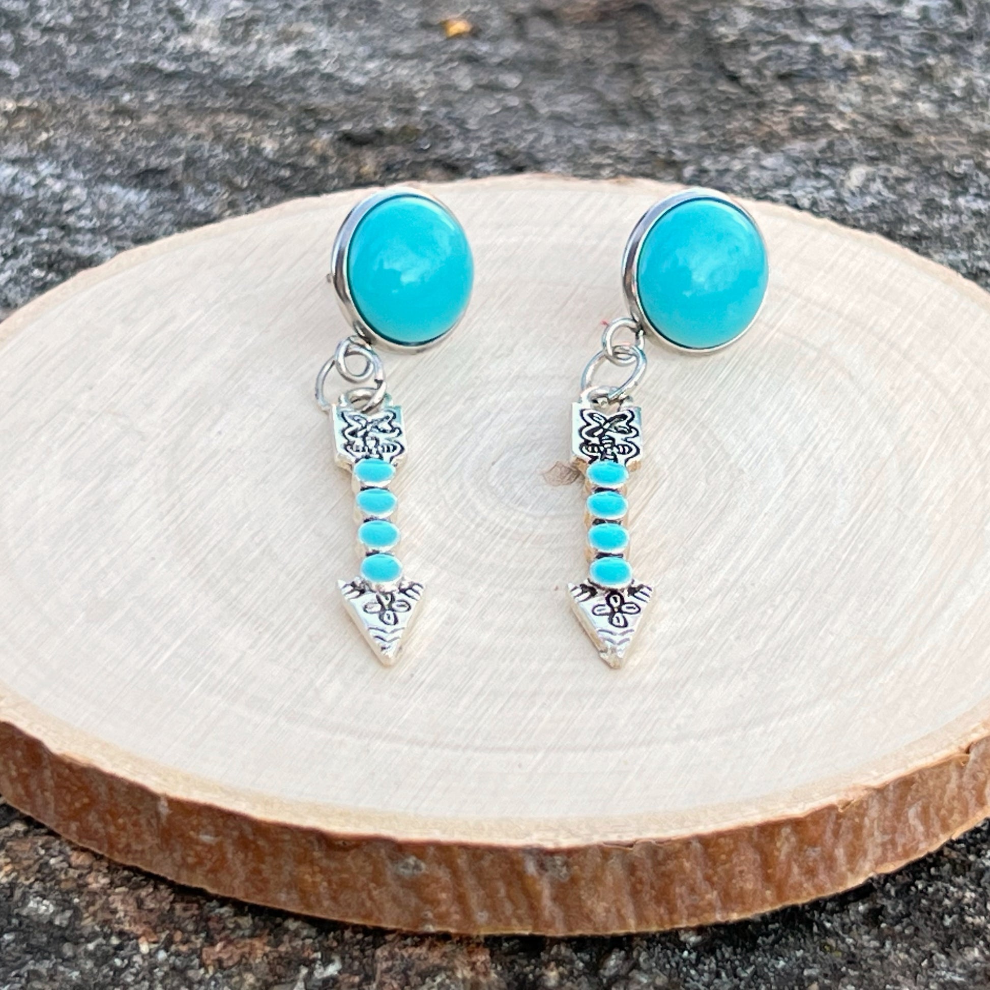 Turquoise Arrow Earrings – Handmade Boho Western Dangles- arrow detail view
