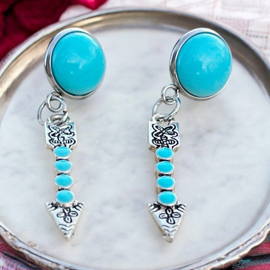 Turquoise arrow dangle earrings with faux turquoise stud tops and silver-tone arrow charms