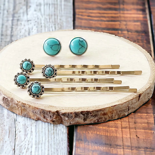 Western accessory set with turquoise hair pins and matching 10mm earrings styled as a coordinated gift set