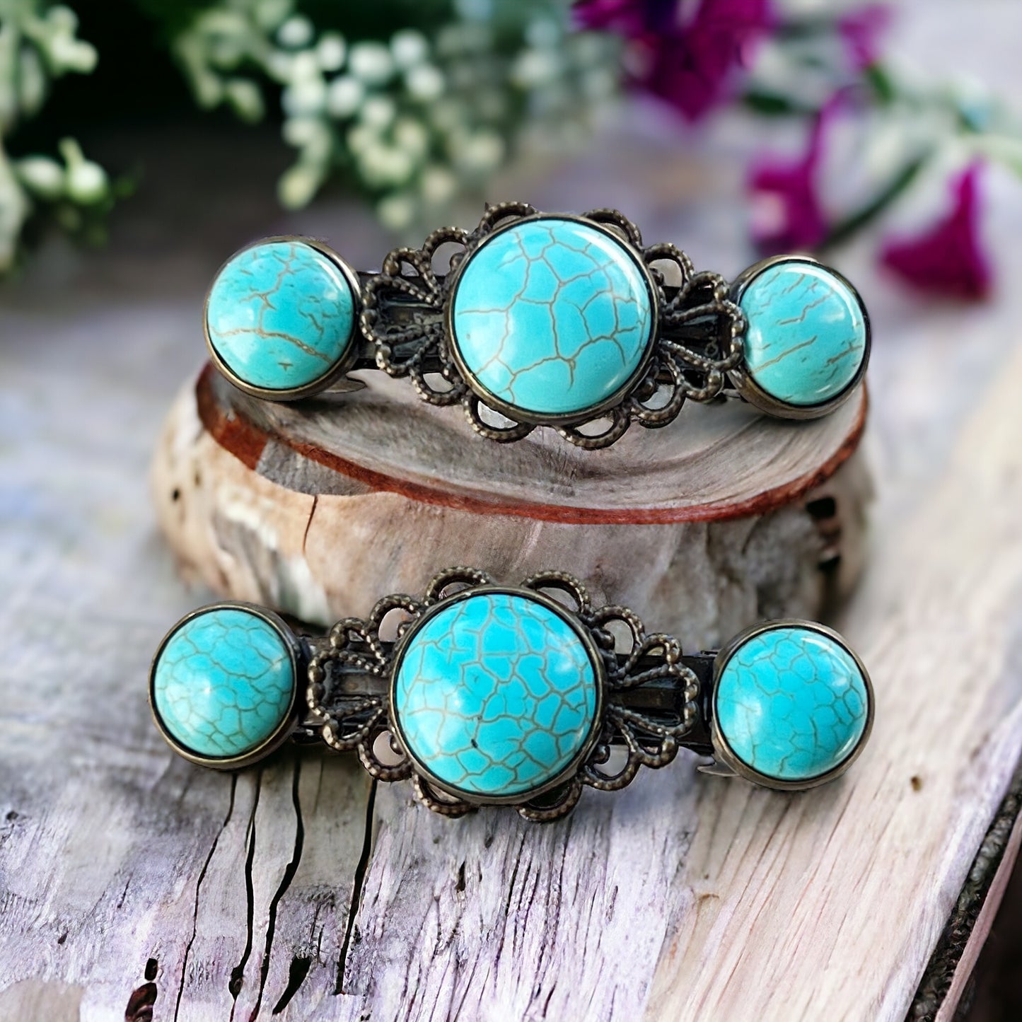 Turquoise Stone Hair Barrettes – on wood display 