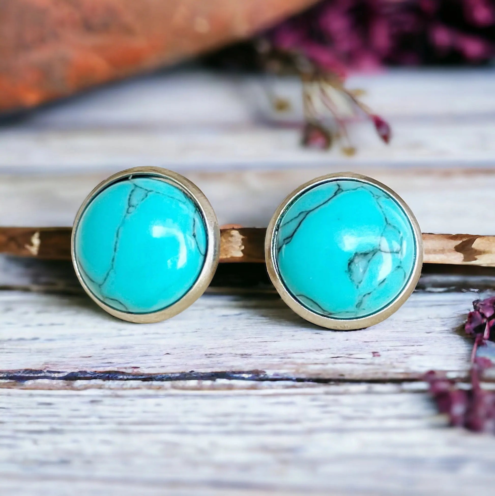 Turquoise 12mm Silver Stud Earrings -front view 