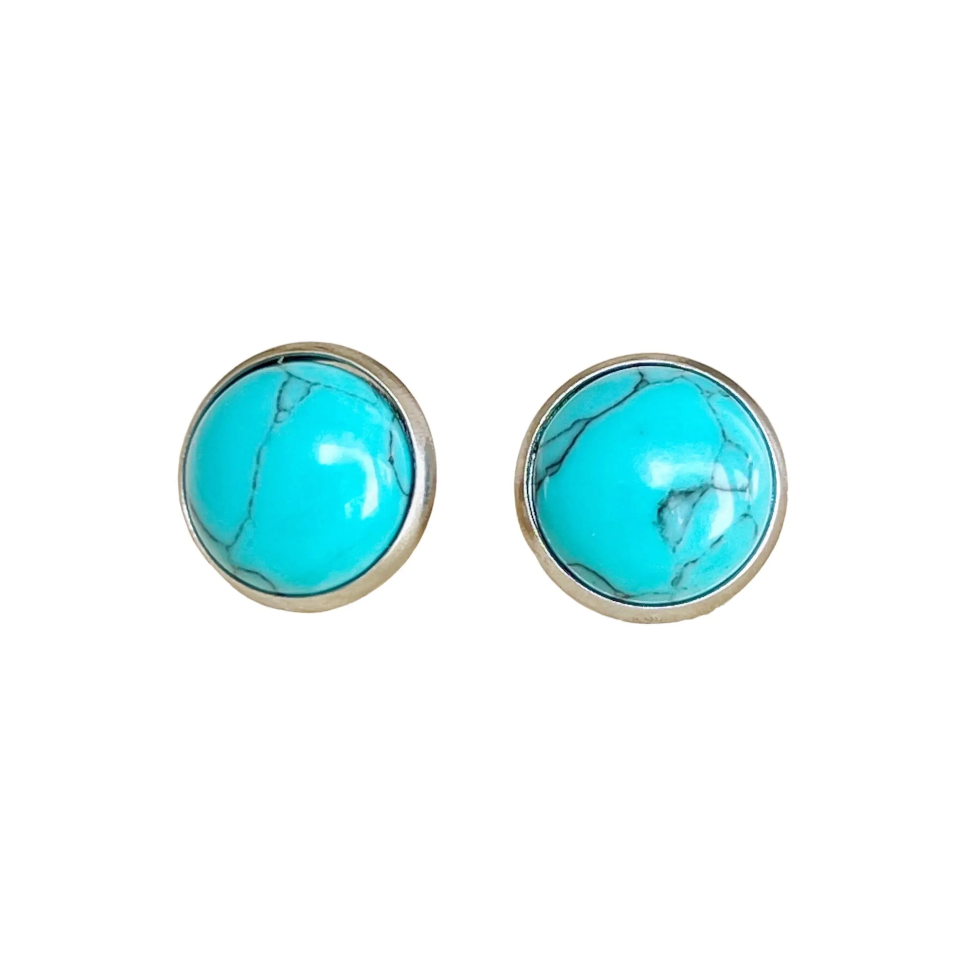 Turquoise 12mm Silver Stud Earrings on white background 