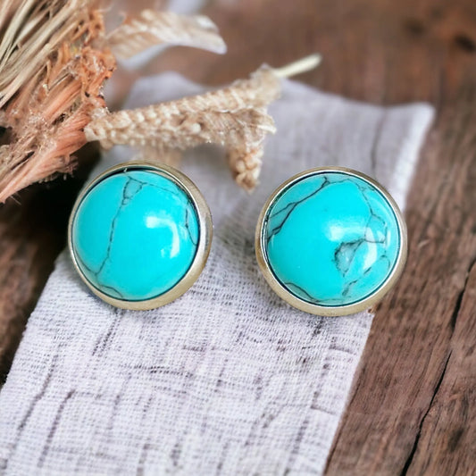 Turquoise 12mm Silver Stud Earrings on decorative wooden display 
