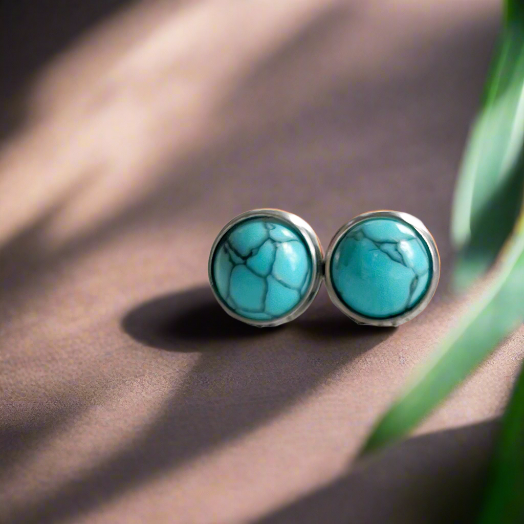 Turquoise Stud Earrings – 8mm Round Boho Western Style Jewelry in Silver