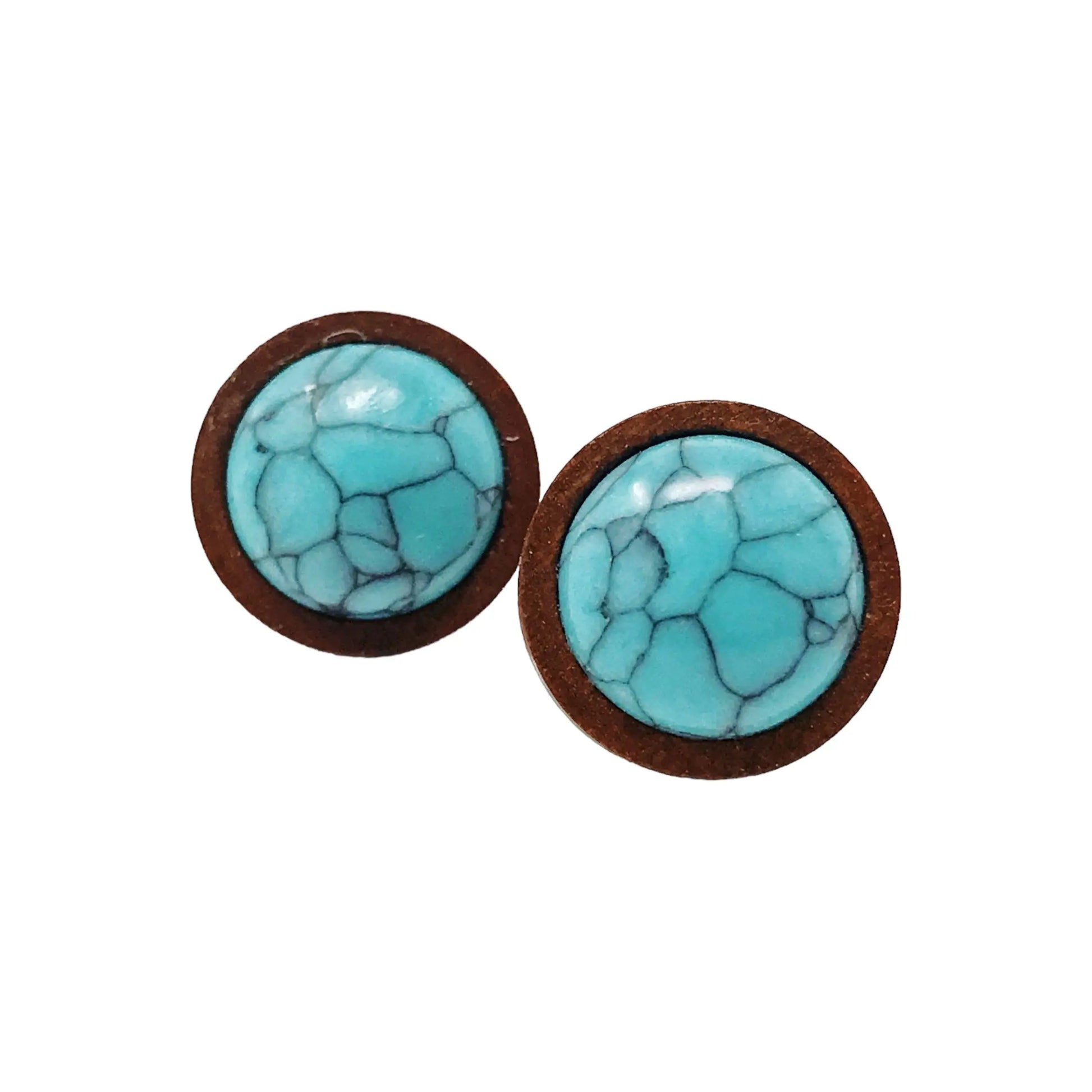 Round turquoise wood stud earrings displayed on a white background 