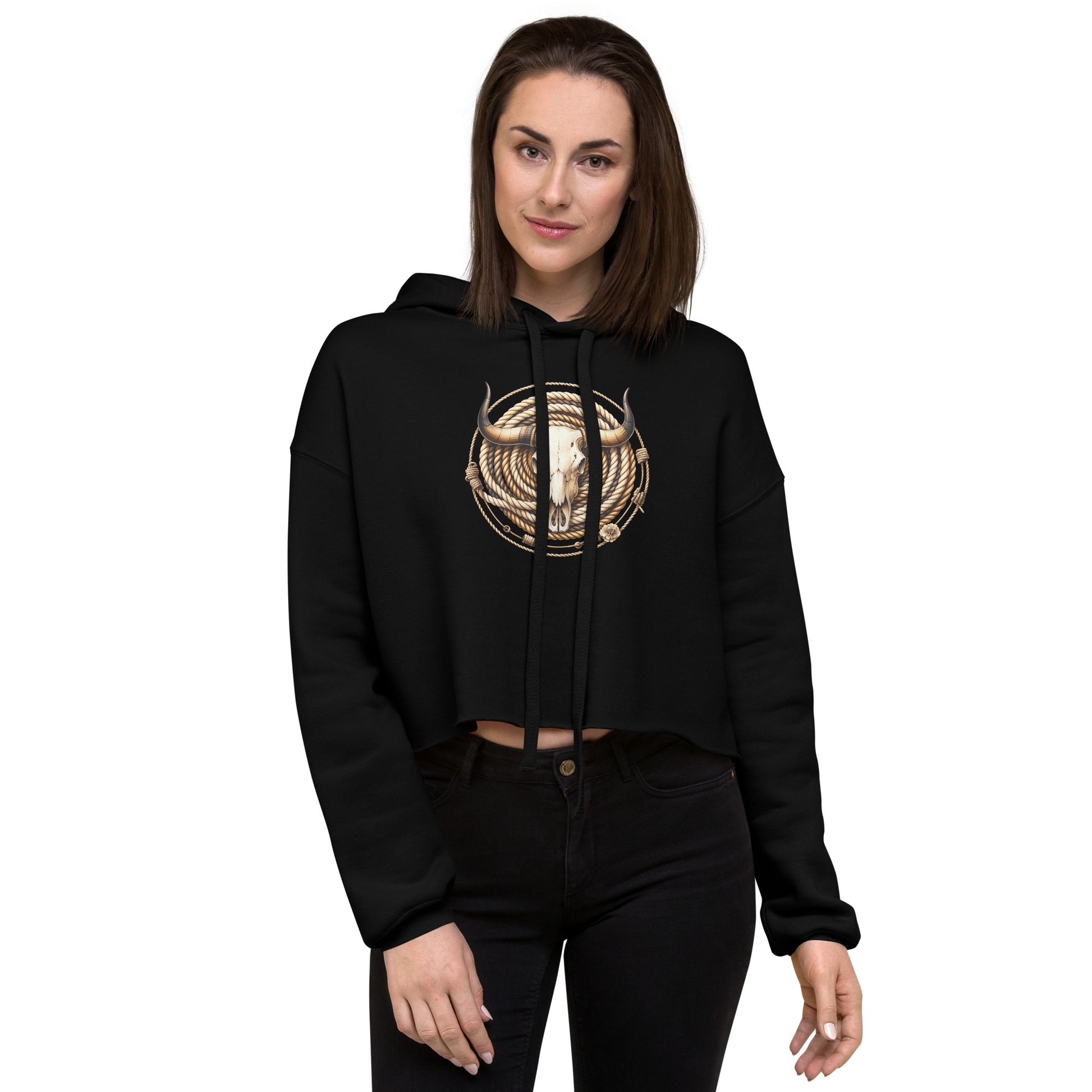 Black crop hoodie with western skull and rope design – front view on model