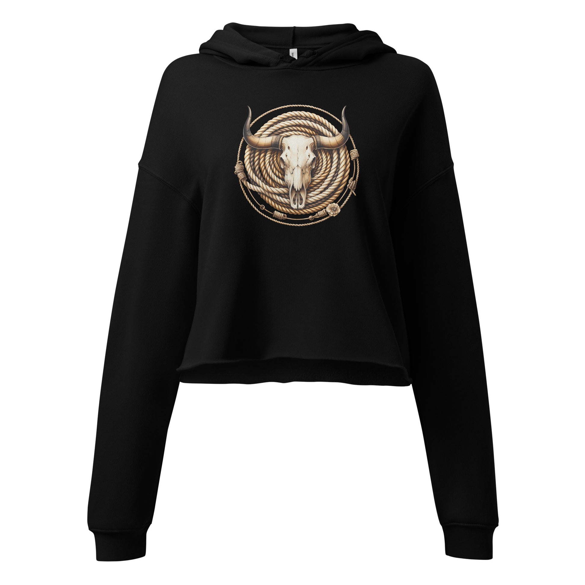 Graphic close-up of skull and rope print on black cowgirl sweatshirt