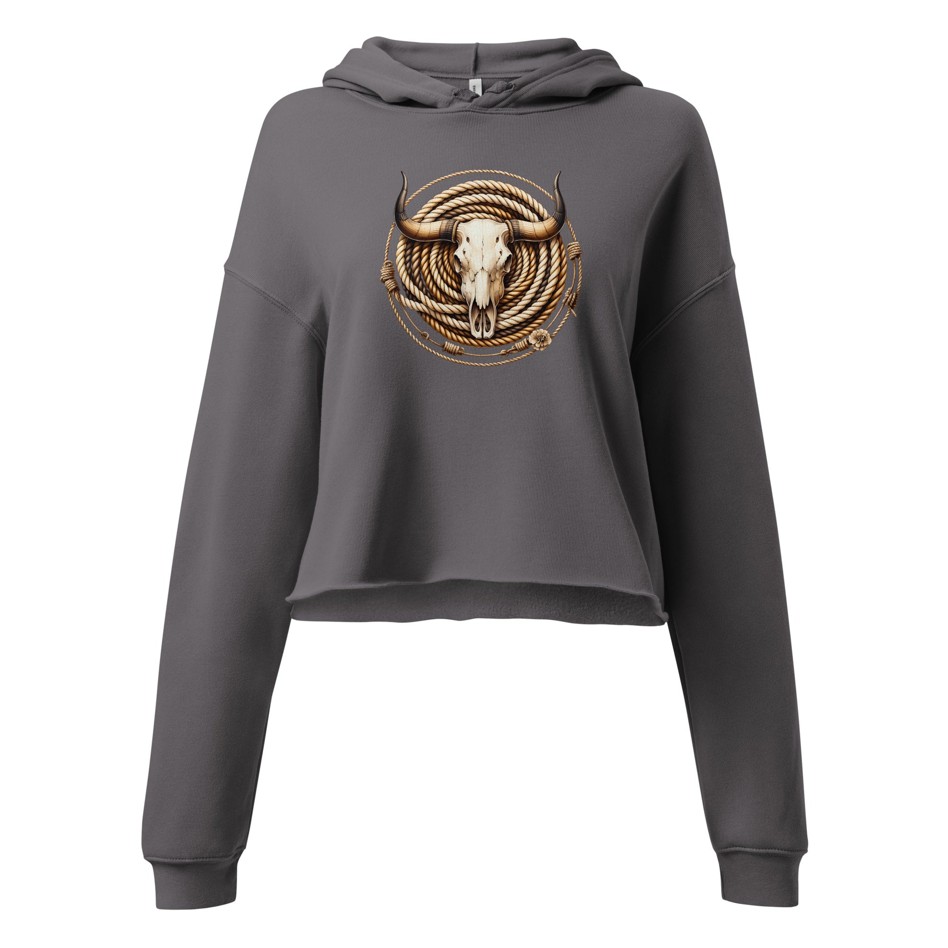 Close-up of bull skull and coiled rope design on storm gray hoodie