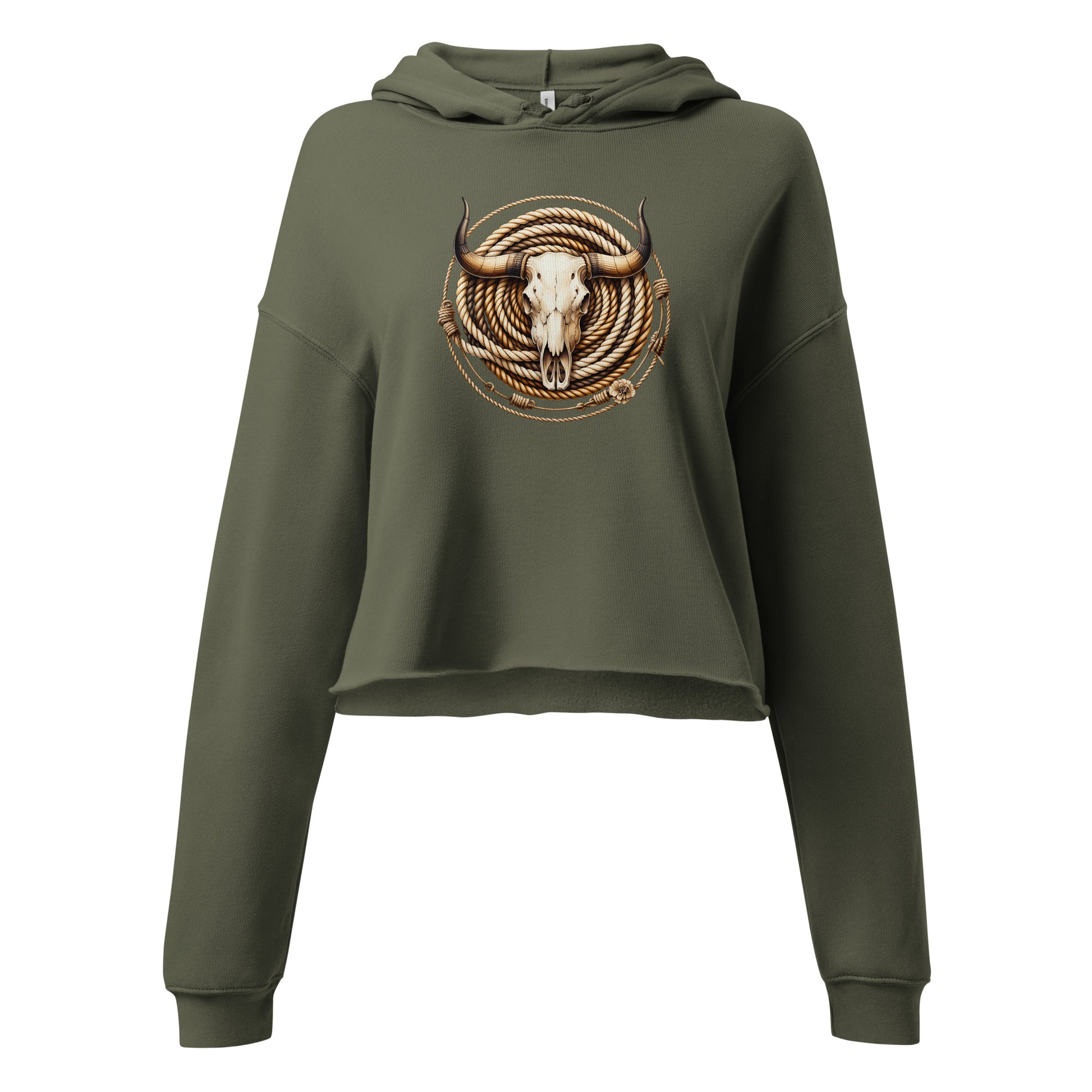 Bull skull and rope graphic close-up on military green hoodie fabric