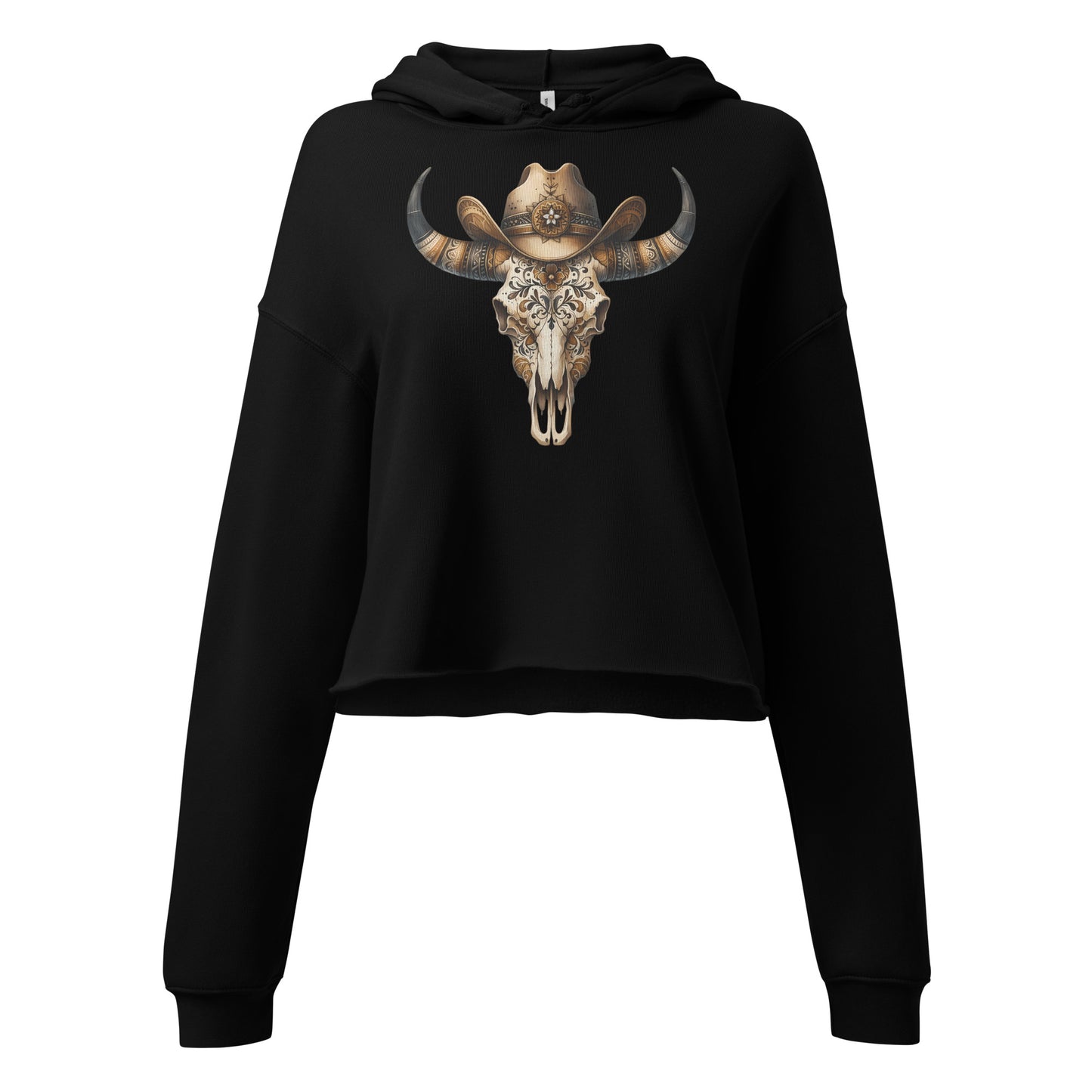 Detailed view of floral skull and baroque cowgirl hat graphic on black hoodie