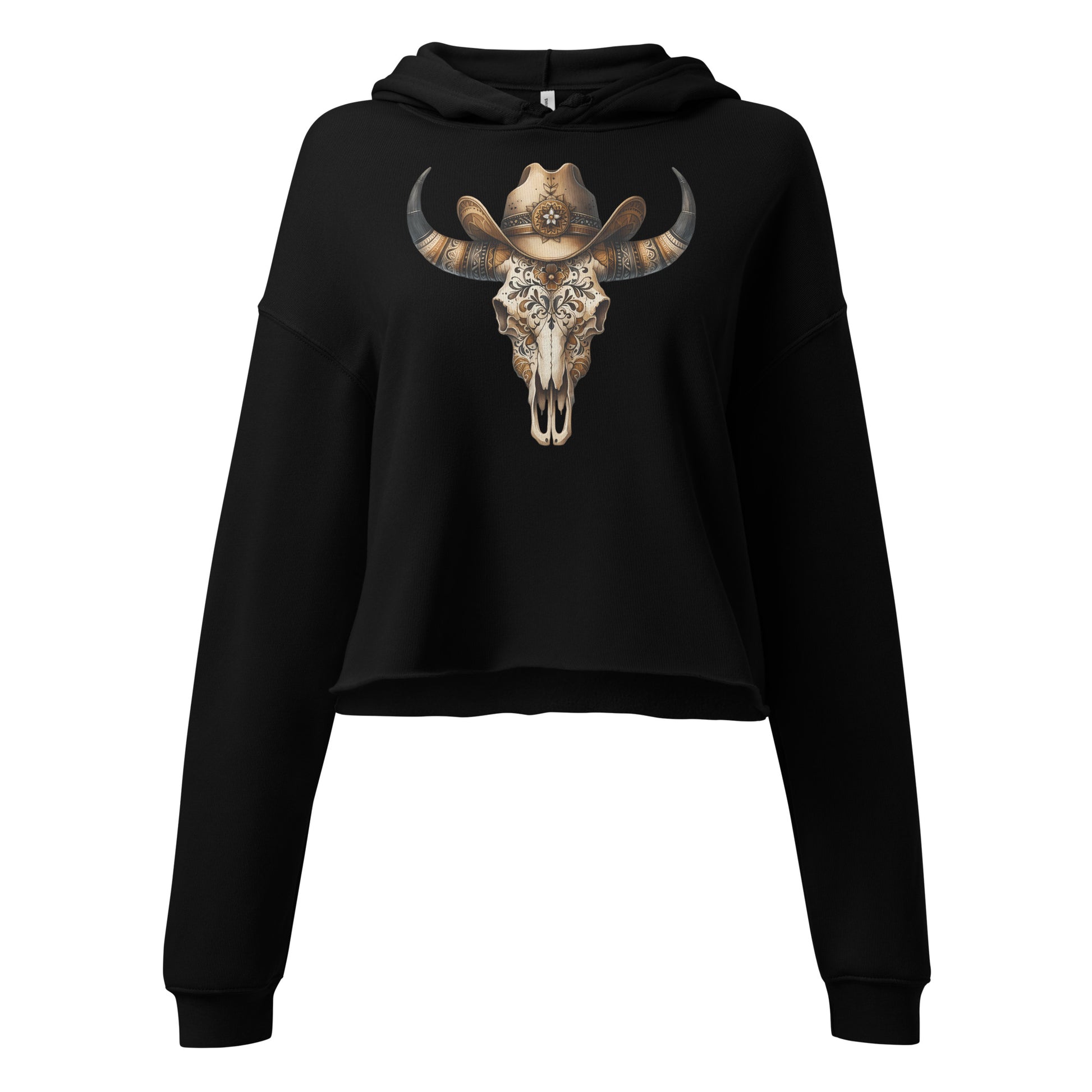 Detailed view of floral skull and baroque cowgirl hat graphic on black hoodie