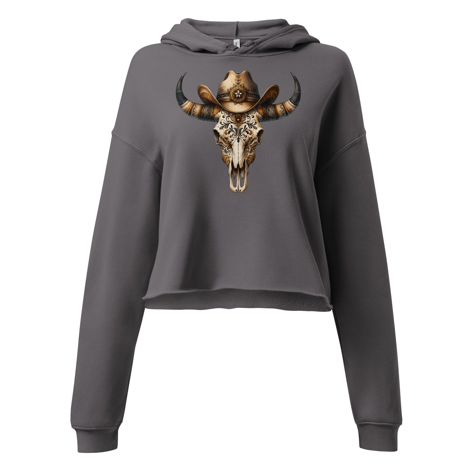 Graphic close-up of tooled hat and baroque skull design on gray hoodie