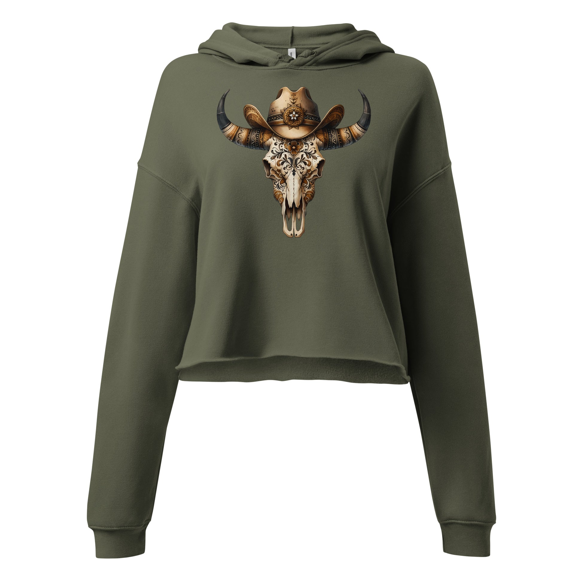 Detail of floral skull and western hat design on military green hoodie